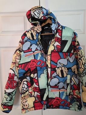 Reason Colorful Comic Print Puffer Jacket - Multicolor Sz M